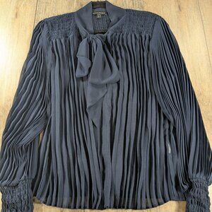 Banana Republic Top Womens Large Petite Blue Accordian Pleated Tie Neck Sheer